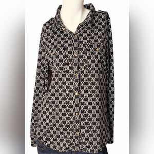 Vertigo Collection Paris Black & White Patterned Snap Button-Up Shirt Top Sz L